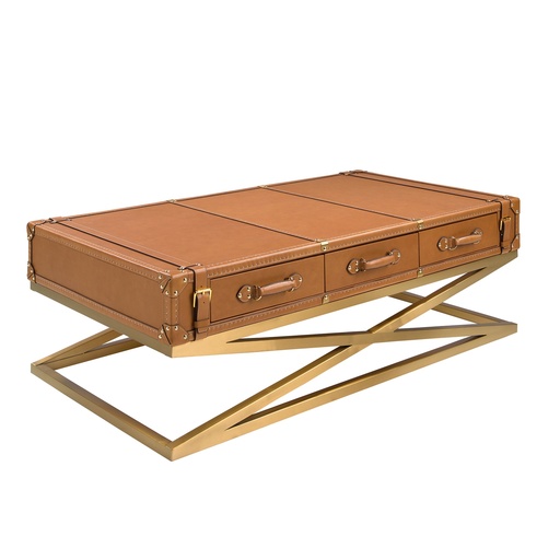 [2149] Rectangular leather and golden steel coffee table