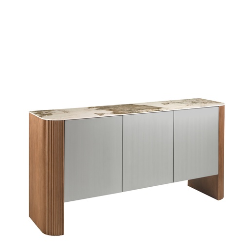 [3261] Sideboard silver wood, walnut and porcelain marble top