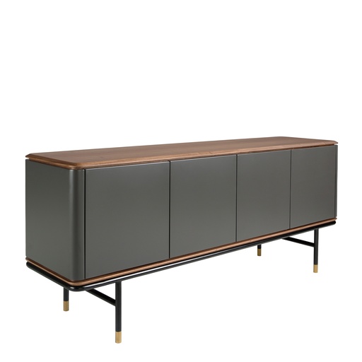 [3264] Credenza in legno grigio scuro, acciaio nero e piano in noce