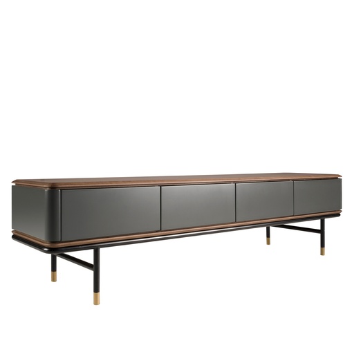 [3265] TV stand in matt dark grey wood, black steel and walnut top