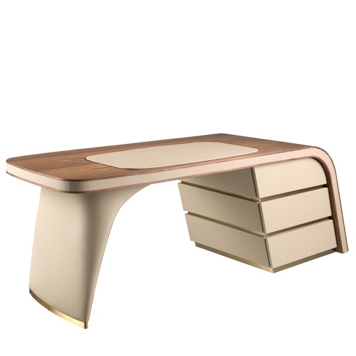 [3268] Biurko z drewna orzechowego tapicerowane kremową skórą ekologiczną