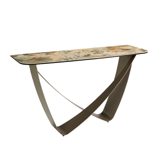 [3269] Table console rectangulaire en marbre porcelaine et acier métallique taupe