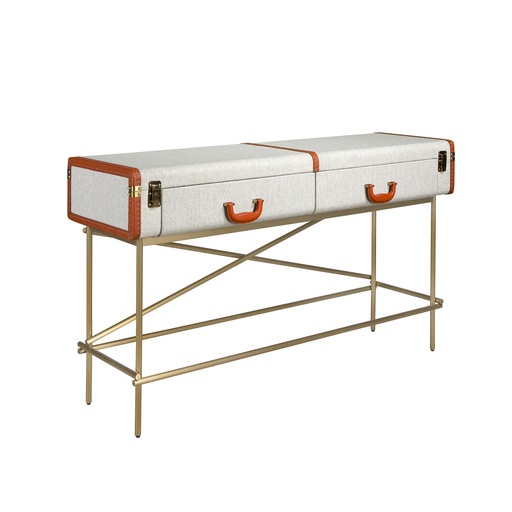 [3271] Mesa de consola retangular, tecido, nogueira e aço polido dourado