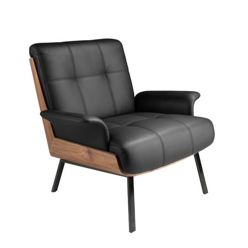 [5140] Fauteuil en similicuir noir et noyer