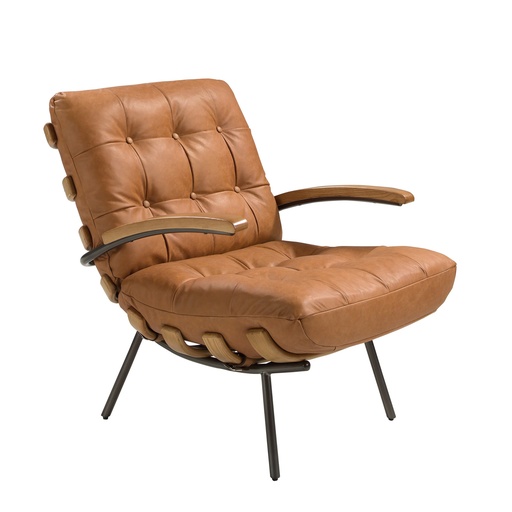 [5153] Brown leather and ash armchair