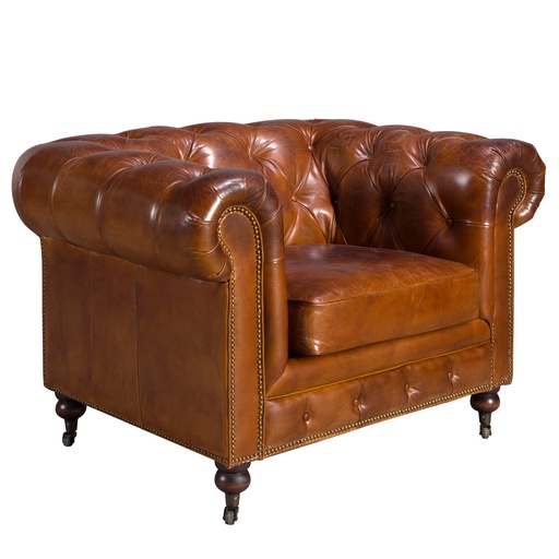 [5167] Fauteuil Chester en cuir brun cognac