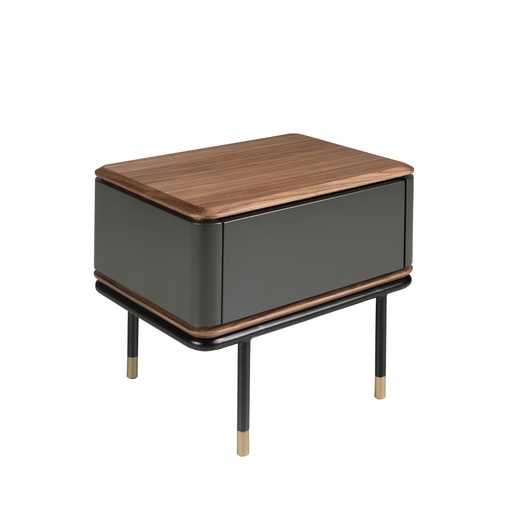 [7170] Bedside table in matt dark grey wood, black steel and walnut top