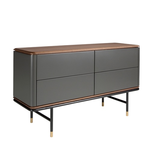 [7172] Chest of drawers dark grey matt wood, black steel and walnut top