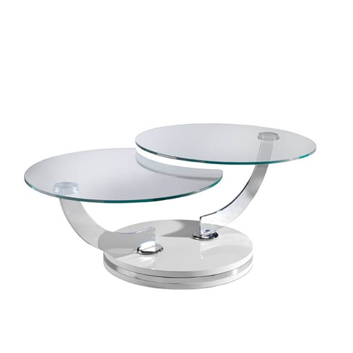 [2011C-LIQ] Extending coffee table, round, swivel, tempered glass, chrome-plated steel and white wood