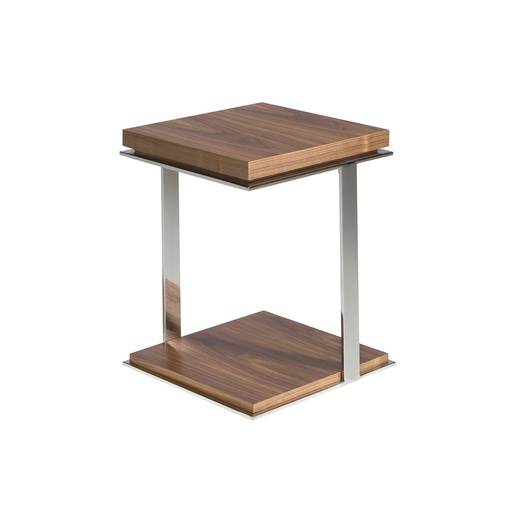 [2038] Square corner table walnut and chrome-plated steel