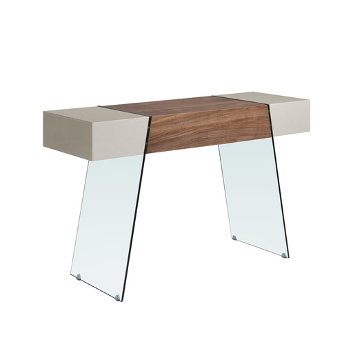 [3029] Rectangular console table grey wood, walnut and tempered glass