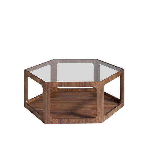 [2023C-LIQ] Table basse hexagonale en verre trempé et noyer