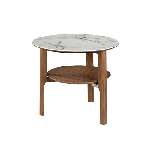 [2047] Table d'angle ronde en porcelaine, marbre et noyer