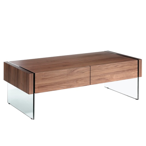 [2050] Rectangular coffee table walnut and tempered glass