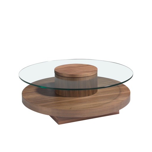 [2052] Round tempered glass and walnut coffee table