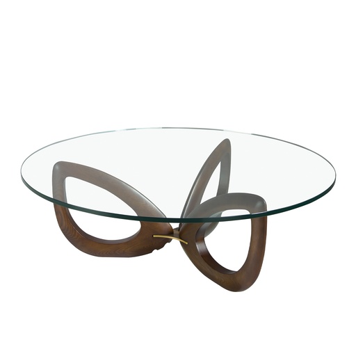 [2053] Round tempered glass and walnut coffee table