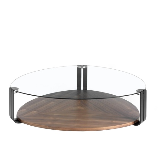 [2055] Table basse triangulaire en verre trempé, acier noir et noyer