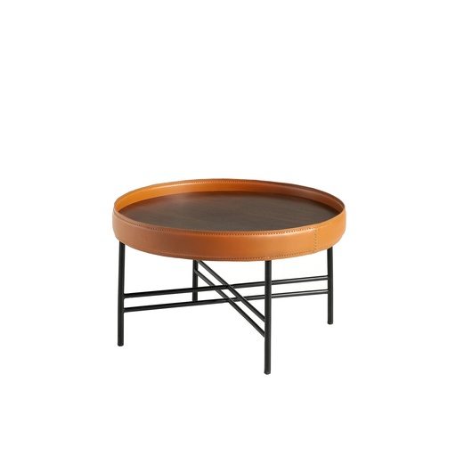 [2058] Round coffee table in leatherette, walnut and black steel