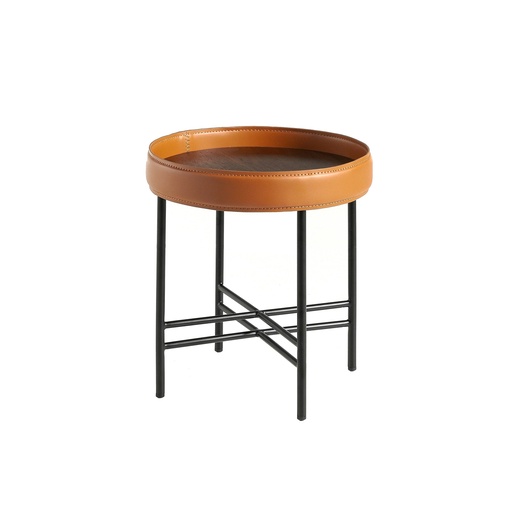 [2059] Round corner table in eco-leather, walnut and black steel