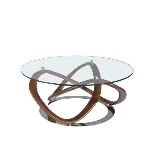 [2064] Round coffee table tempered glass, walnut and chrome-plated steel