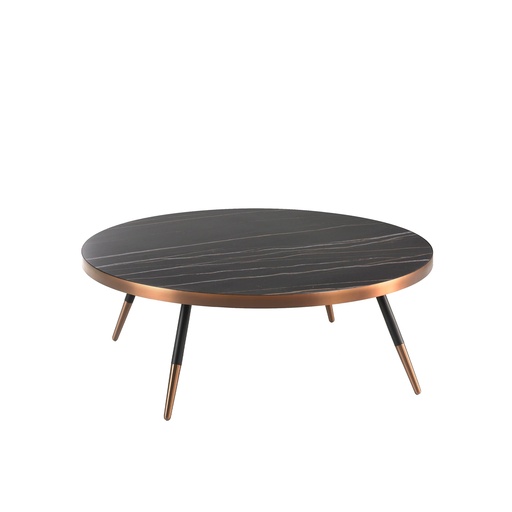 [2068] Table basse ronde en marbre de porcelaine et acier noir