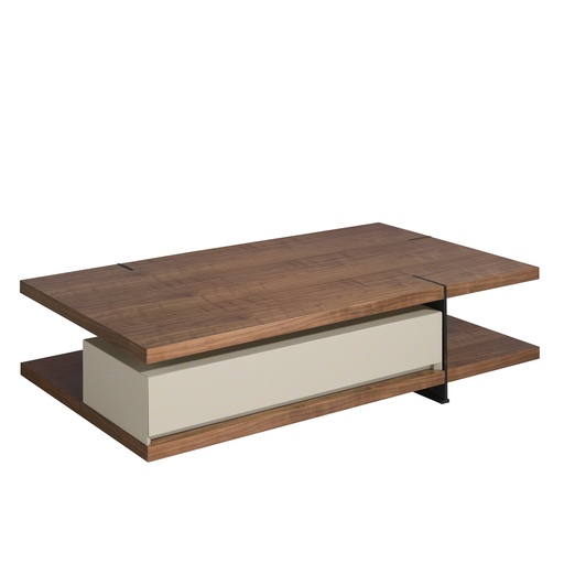 [2103] Table basse rectangulaire en noyer, bois beige et acier noir