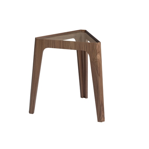 [2106] Trójkątny stolik narożny z hartowanego szkła i orzecha włoskiego