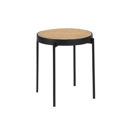 [2109] Ronde hoektafel rotan, zwart hout en zwart staal