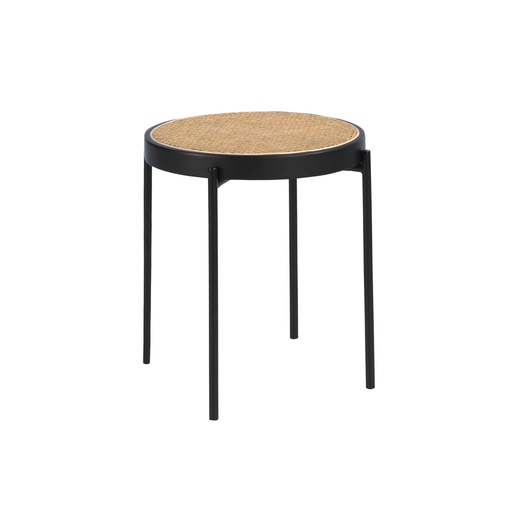 [2109] Table d'angle ronde en rotin, bois noir et acier noir