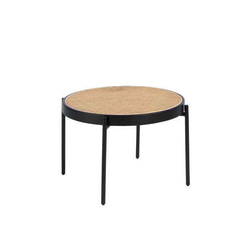 [2111] Round coffee table rattan, black wood and black steel