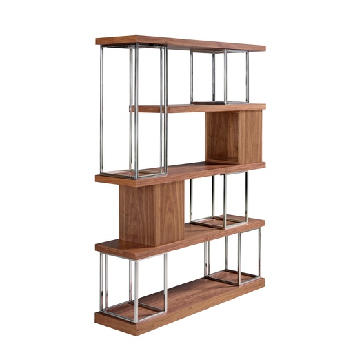 [3220] Walnut and chrome-plated stainless steel shelving unit