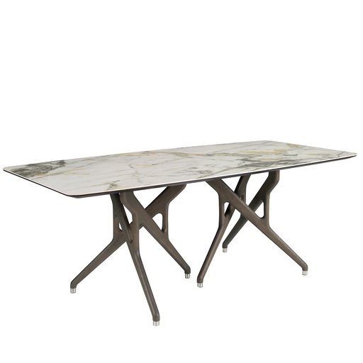 [1153] Porcelain marble and dark walnut rectangular dining table