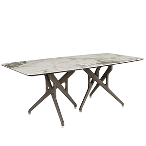 [1153] Table de salle à manger rectangulaire en marbre porcelaine et noyer foncé