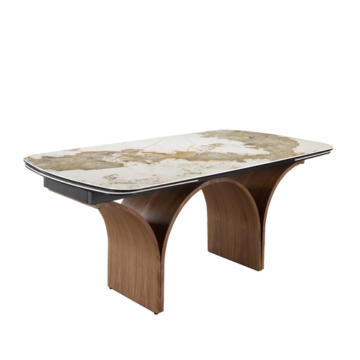 [1156] Mesa comedor extensible ovalada barril mármol porcelánico y acero efecto nogal