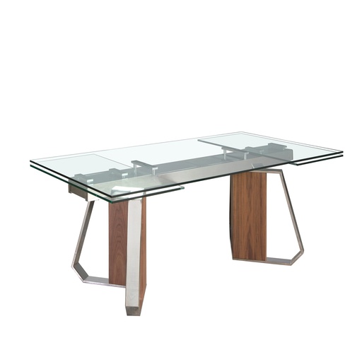 [1159] Rectangular extending dining table in tempered glass, walnut and chromed steel