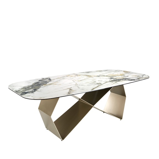 [1140] Rectangular dining table in porcelain marble and champagne-coloured steel