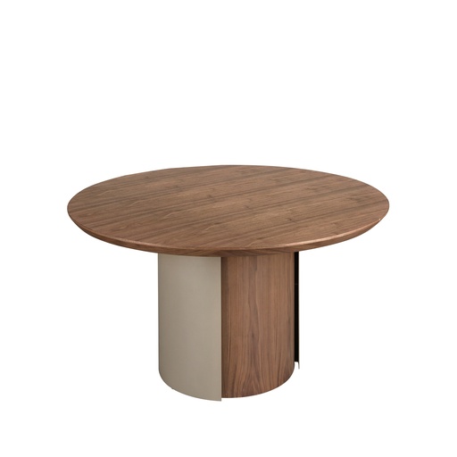 [1163] Table de salle à manger ronde en noyer et acier sable métallique