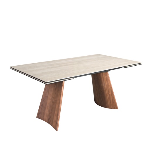 [1164] Table de salle à manger rectangulaire à rallonge en marbre porcelaine et acier effet noyer