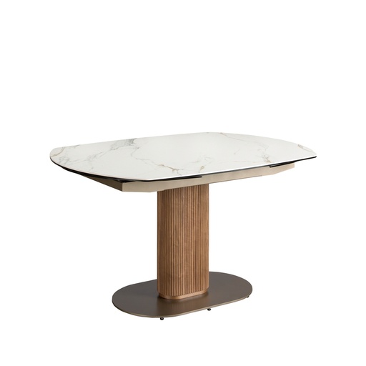 [1165] Mesa de jantar extensível oval com barril de mármore porcelânico e nogueira