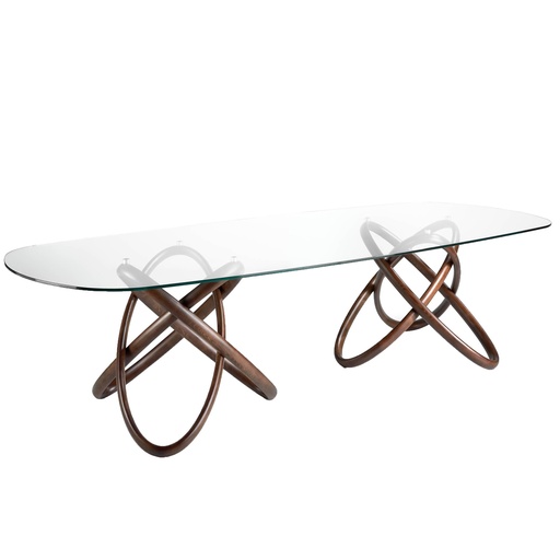 [1037] Oval oval dining table half round tempered glass and walnut