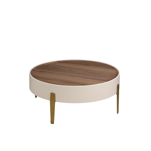 [2151] Ronde salontafel walnoot, beige hout en goudkleurig gepolijst staal