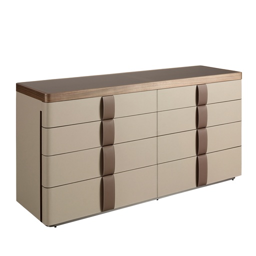 [7203] Leatherette chest of drawers, walnut, polished steel base and brown smoked glass top