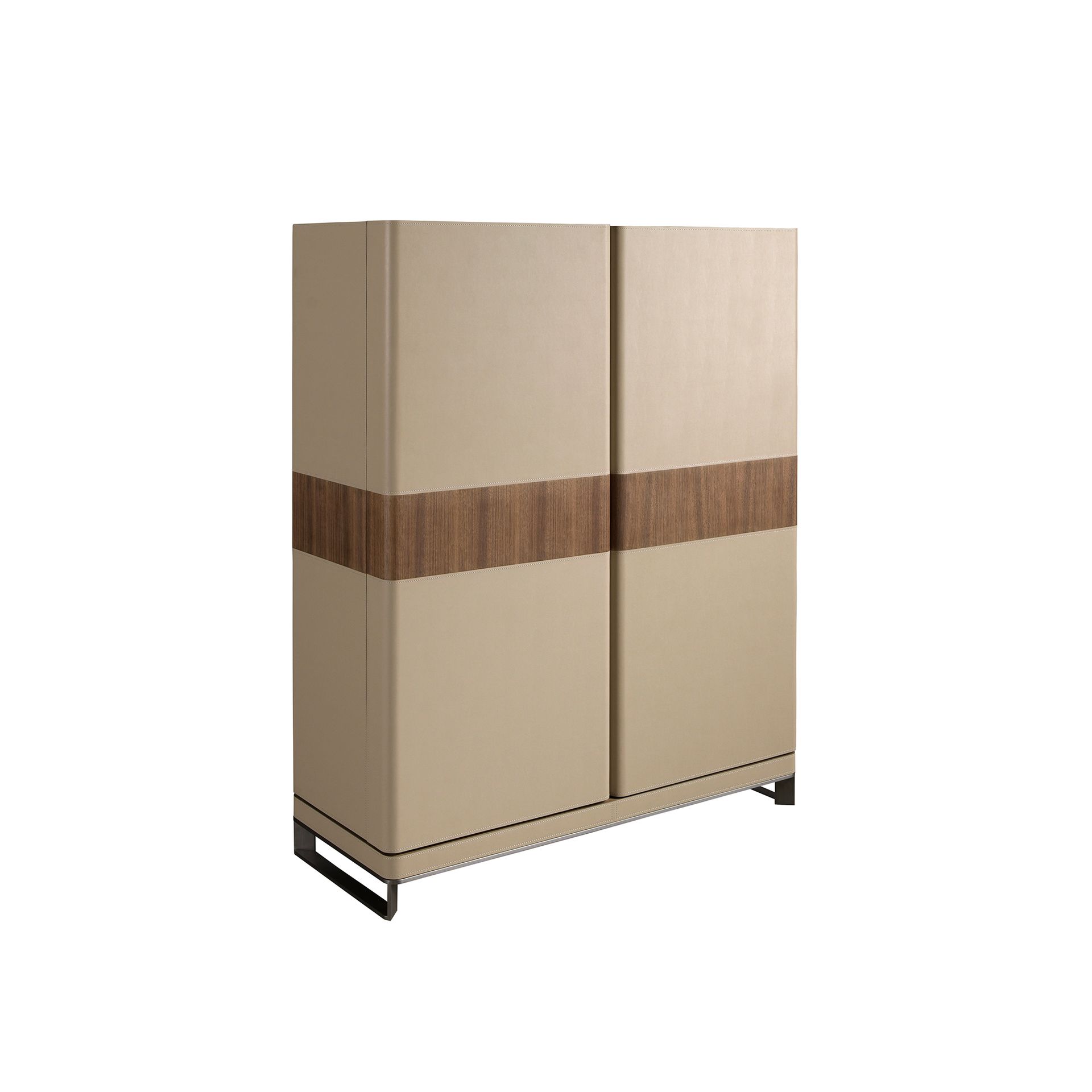 Credenza alta in similpelle, noce e acciaio lucido