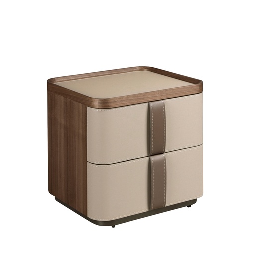 [7204] Szafka nocna z imitacji skóry, orzecha włoskiego i polerowanej stali