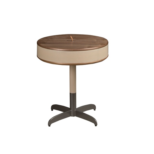 [2156] Mesa de canto redonda em couro sintético, nogueira e aço cinzento