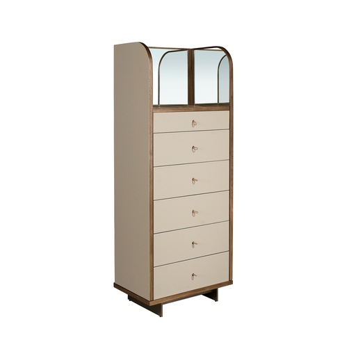 [7206] Комод из искусственной кожи, ореха и полированной стали с зеркалом